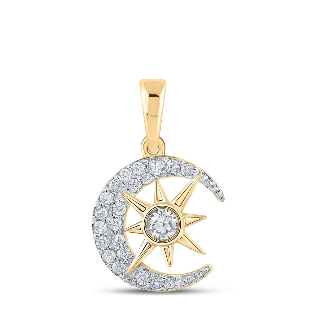 10K White Or Yellow Gold Womens Round Diamond Crescent Moon Star Pendant
