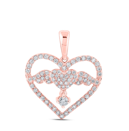 10K Rose Gold Womens Round Diamond Angel Heart Pendant 5/8 Cttw