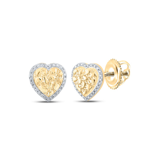 10K Yellow Gold Womens Round Diamond Nugget Heart Earrings 1/10 Cttw, Length: 0.4 In, Width: 0.38 In