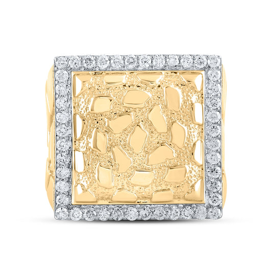 10K Yellow Gold Mens Round Diamond Nugget Square Ring 7/8 Cttw, Mens Size: 7-13