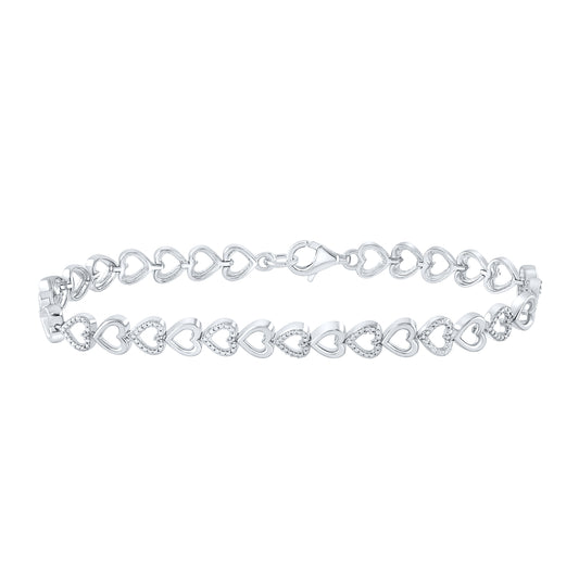 Sterling Silver Womens Round Diamond Heart Bracelet 1/20 Cttw