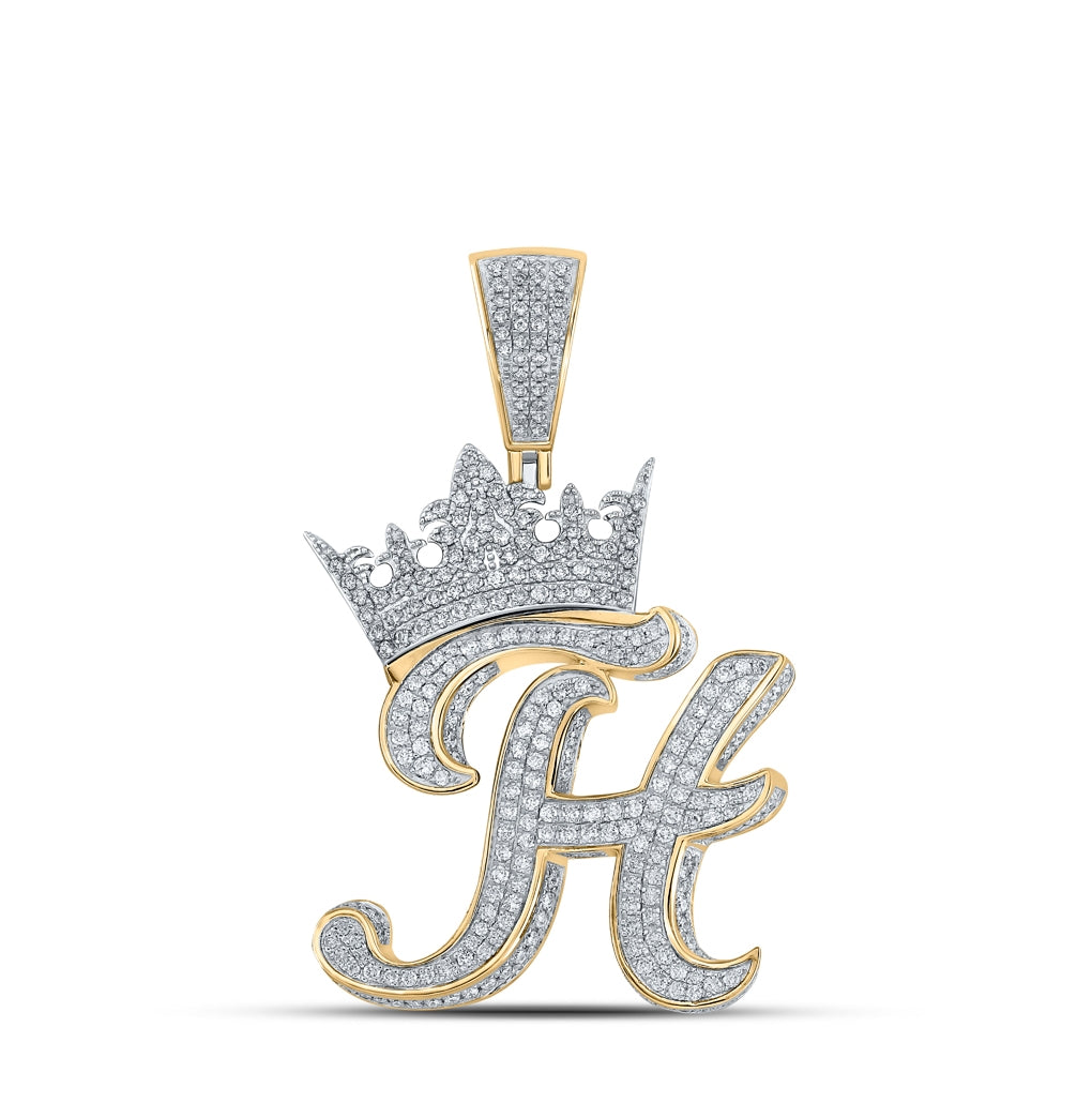 10K Two-tone Gold Mens Round Diamond Crown Letter Charm Pendant