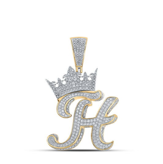 10K Two-tone Gold Mens Round Diamond Crown Letter Charm Pendant