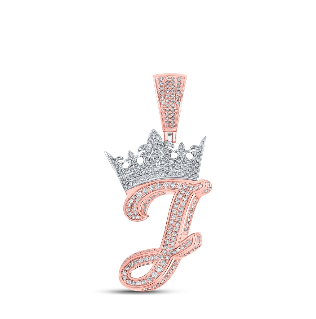 10K Two-tone Gold Mens Round Diamond Crown Letter Charm Pendant