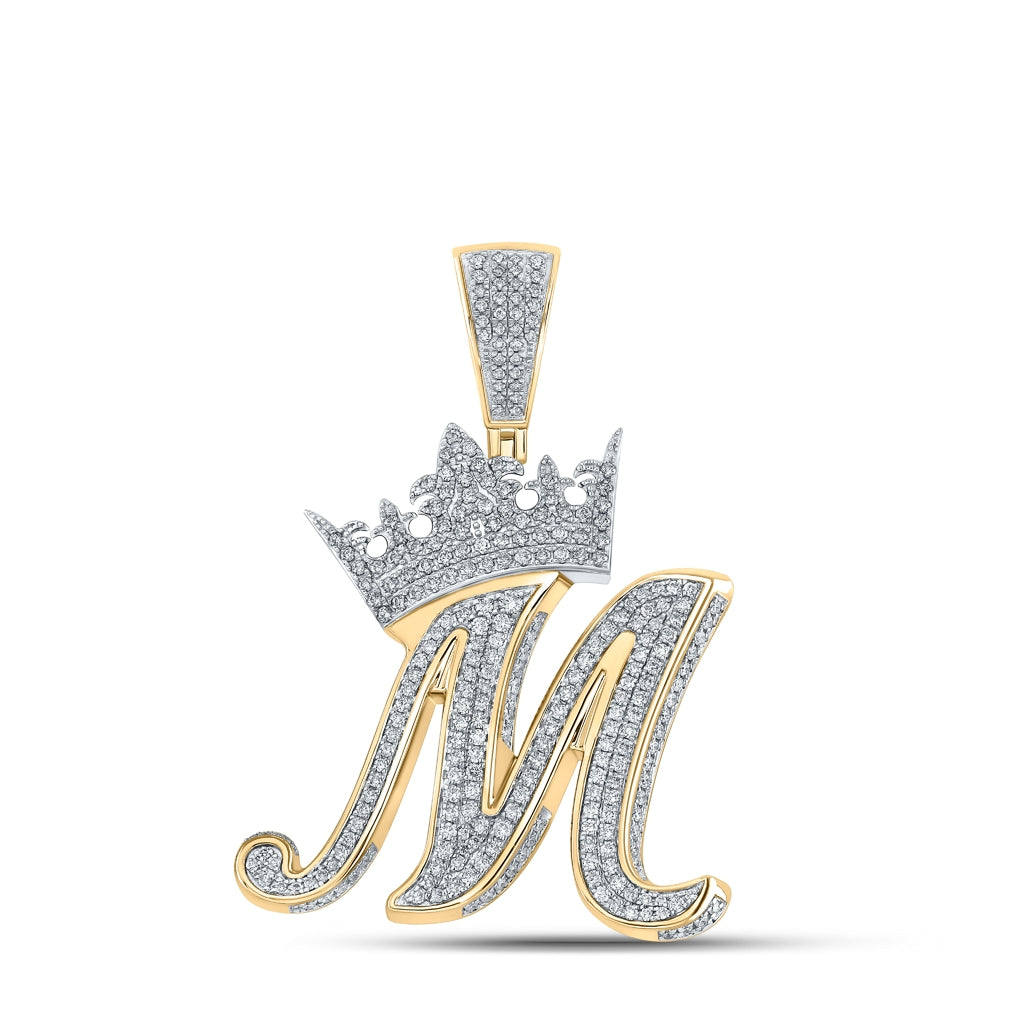 10K Two-tone Gold Mens Round Diamond Crown Letter Charm Pendant