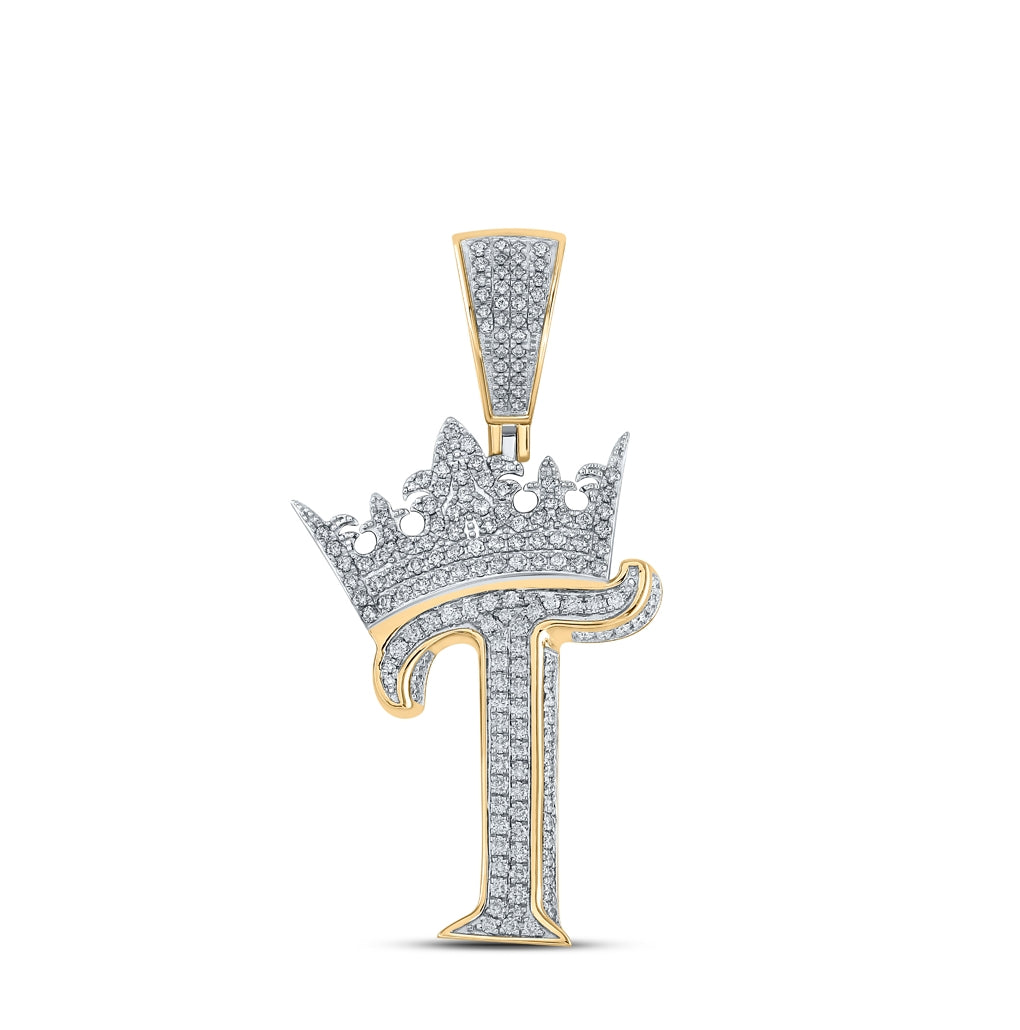 10K Two-tone Gold Mens Round Diamond Crown Letter Charm Pendant