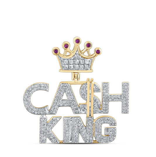 10K Yellow Gold Mens Round Diamond Cash King Crown Phrase Charm Pendant 1/2 Cttw