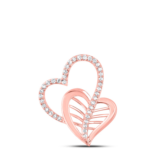 10K Rose Gold Womens Round Diamond Double Heart Pendant 1/5 Cttw