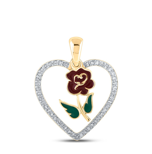 10K White Or Yellow Gold Womens Round Diamond Rose Heart Pendant