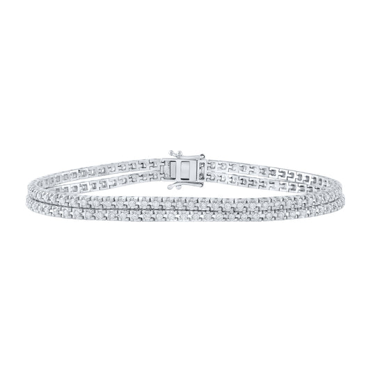 14K White Gold Womens Round Diamond Double Row Fashion Bracelet 1-5/8 Cttw