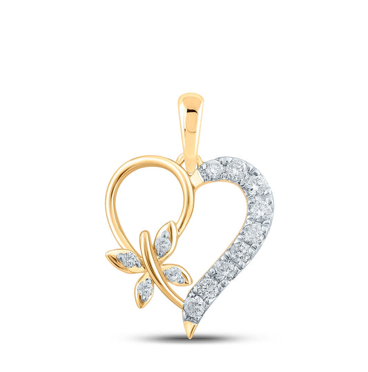 10K Yellow Gold Womens Round Diamond Butterfly Heart Pendant 1/4 Cttw, Length: 0.78 In, Width: 0.56 In