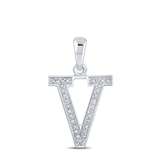 10K White Gold Womens Round Diamond Initial V Letter Pendant 1/20 Cttw, Length: 0.79 In, Width: 0.5 In