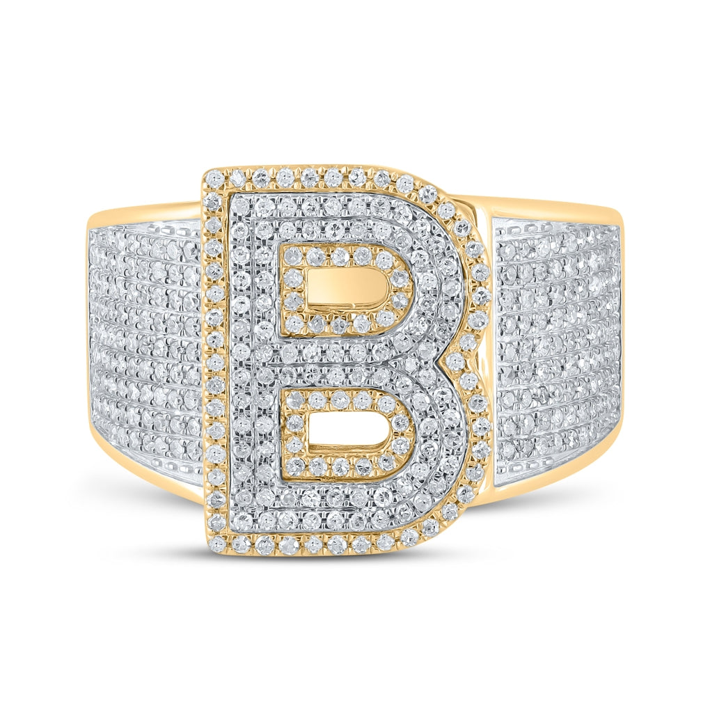 10K Two-tone Gold Mens Round Diamond Initial Letter Ring, Mens Size: 7-13