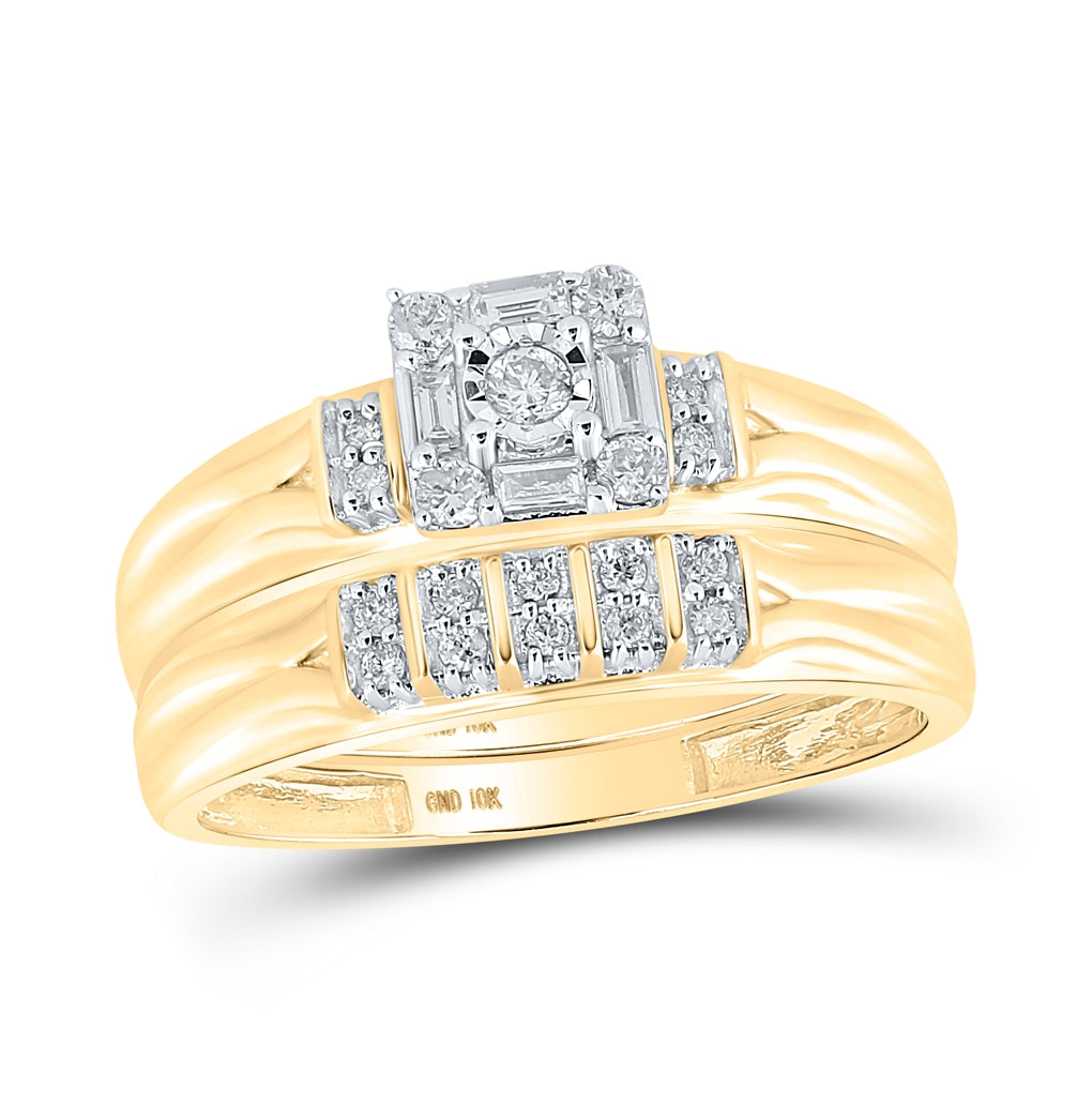 10K Yellow Gold His Hers Round Diamond Square Matching Wedding Set 1/3 Cttw, Womens Size: 5-10, Mens Size: 7-13