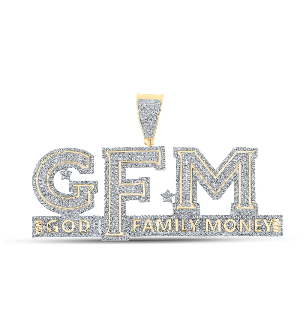 10K Yellow Gold Mens Round Diamond God Family Money GFM Phrase Charm Pendant 3 Cttw