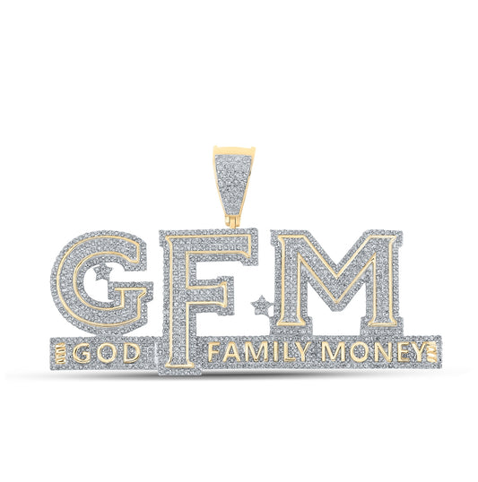 10K Yellow Gold Mens Round Diamond God Family Money GFM Phrase Charm Pendant 3 Cttw