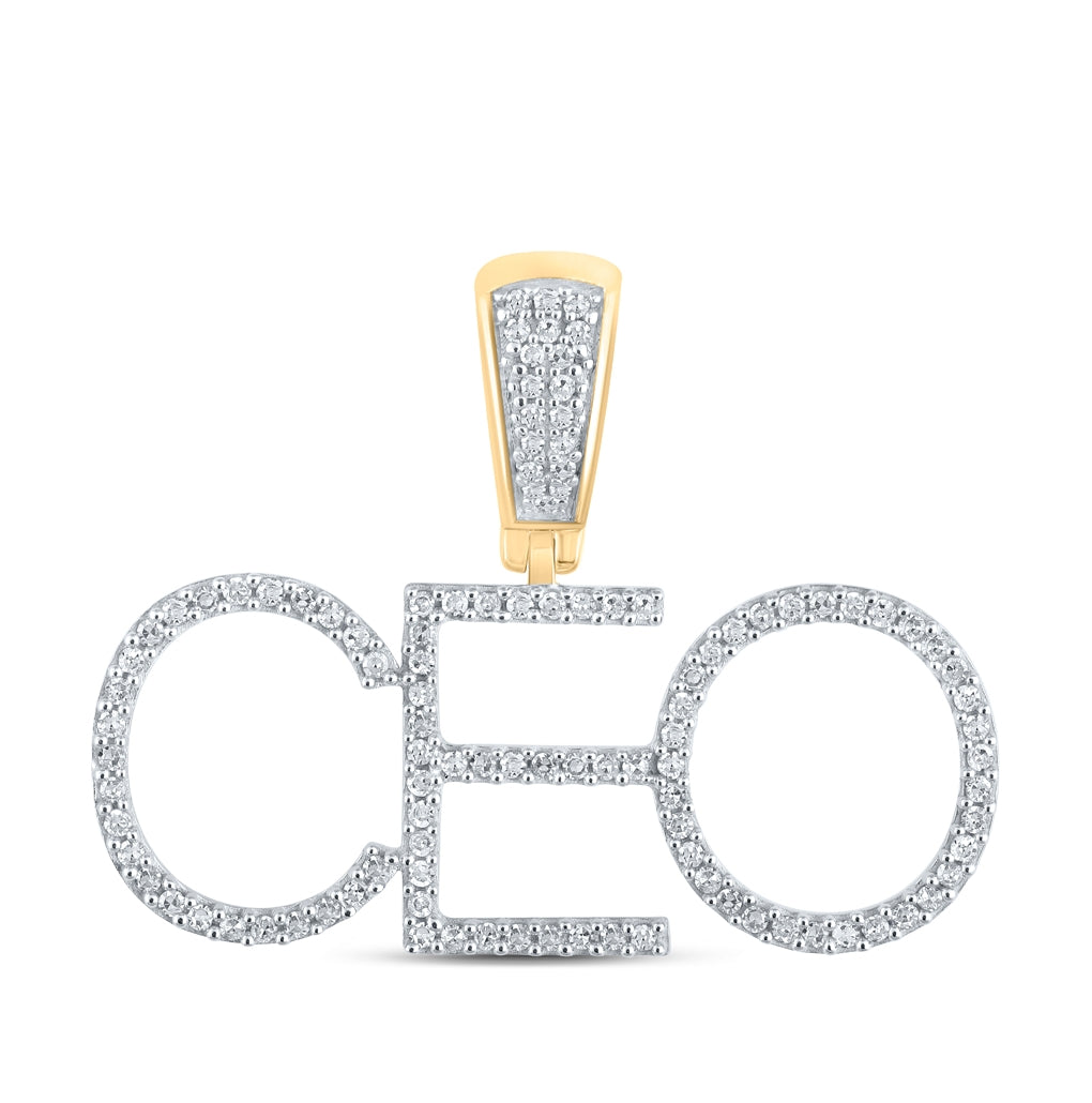 10K Yellow Gold Mens Round Diamond CEO Phrase Charm Pendant 1/3 Cttw, Length: 0.83 In, Width: 1.14 In