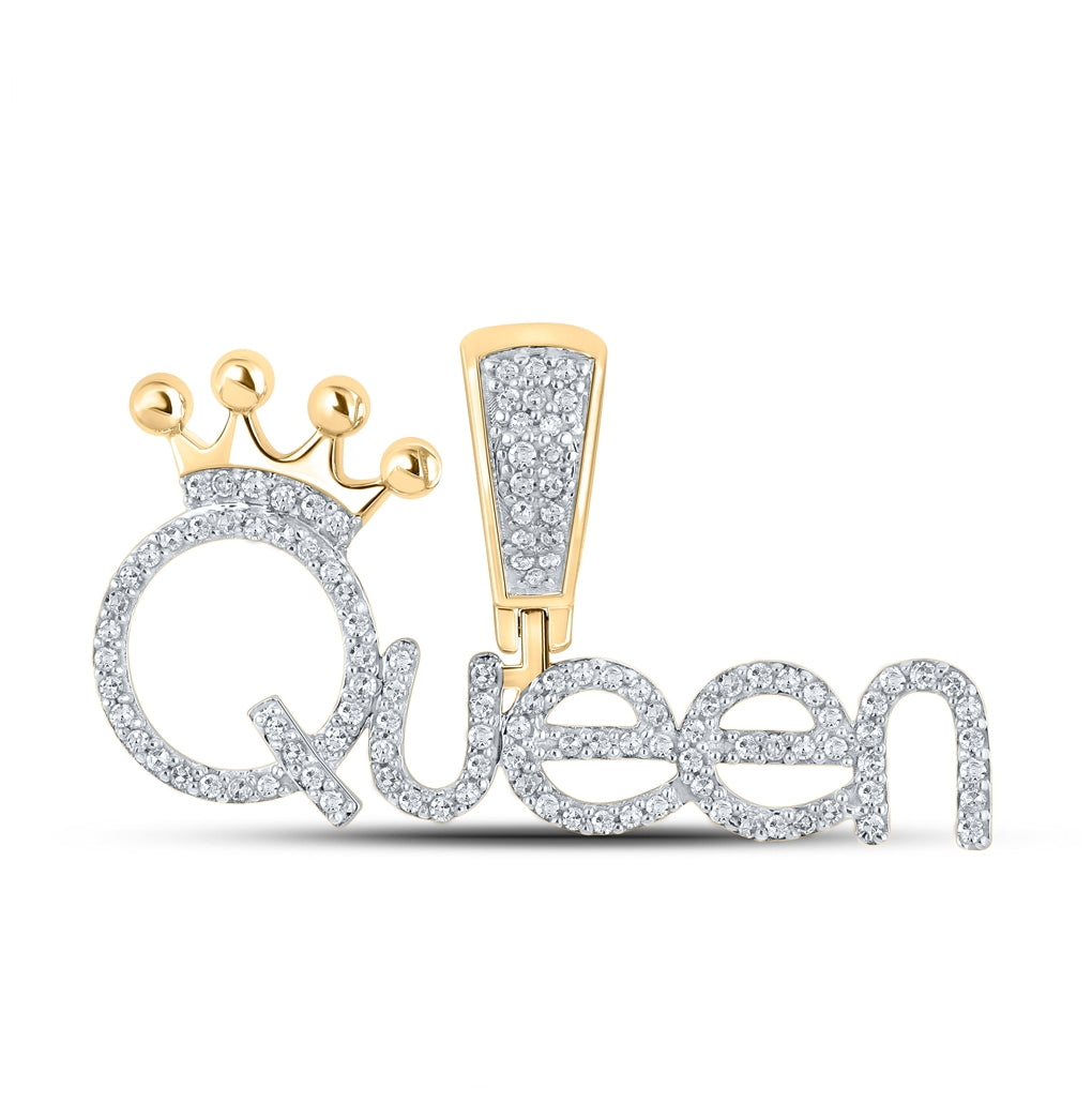 10K Yellow Gold Womens Round Diamond Queen Phrase Pendant 1/3 Cttw, Length: 0.62 In, Width: 1.2 In