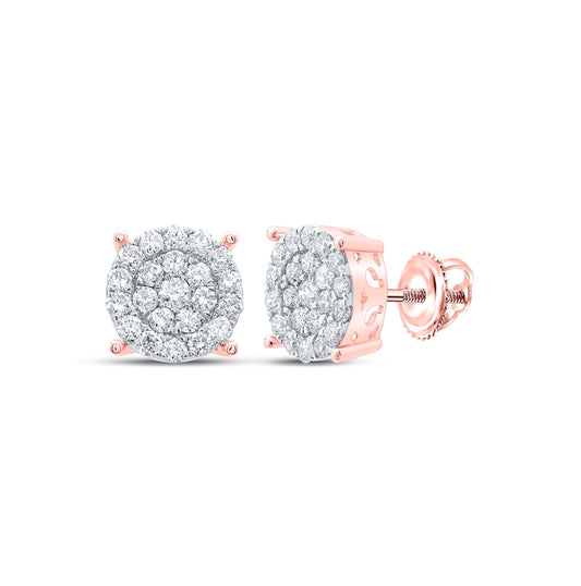 10K Rose Gold Womens Round Diamond Cluster Earrings 1 Cttw, Length: 0.37 In, Width: 0.37 In