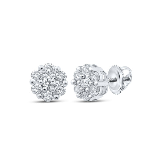 10K White Gold Womens Round Diamond Flower Cluster Earrings 1/2ctw