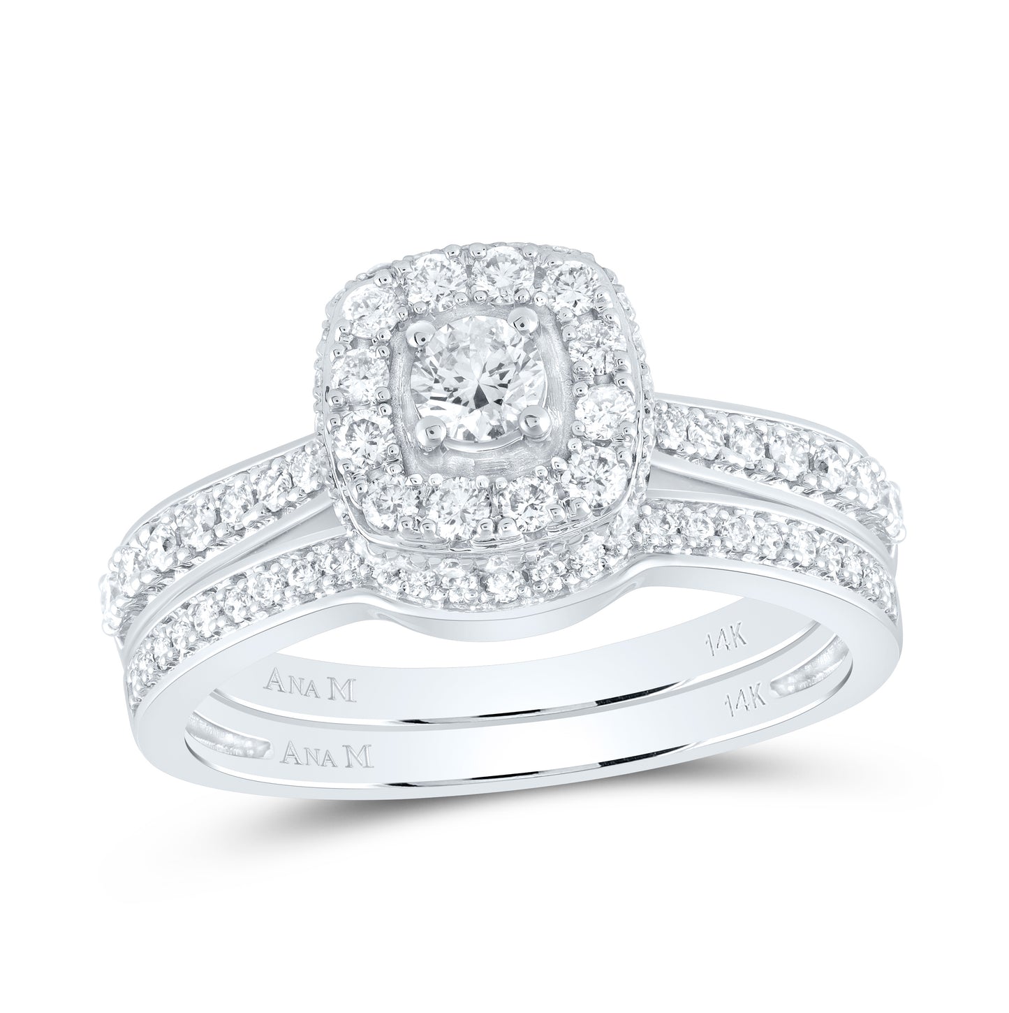 14kt White Gold 7/8ctw Diamond Ana M 1/5ct-crd Single Halo Bridal Set Ring