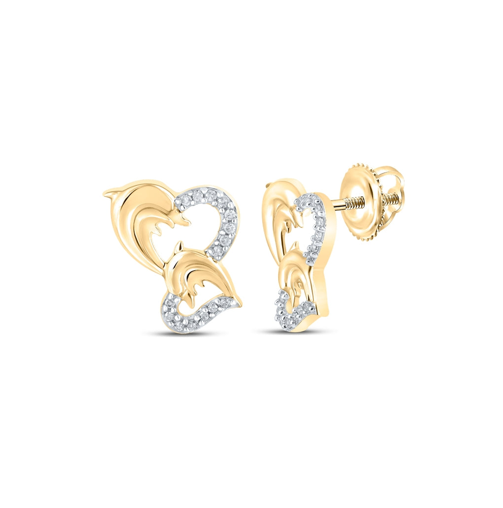 10K Yellow Gold Womens Round Diamond Dolphin Heart Earrings 1/10 Cttw
