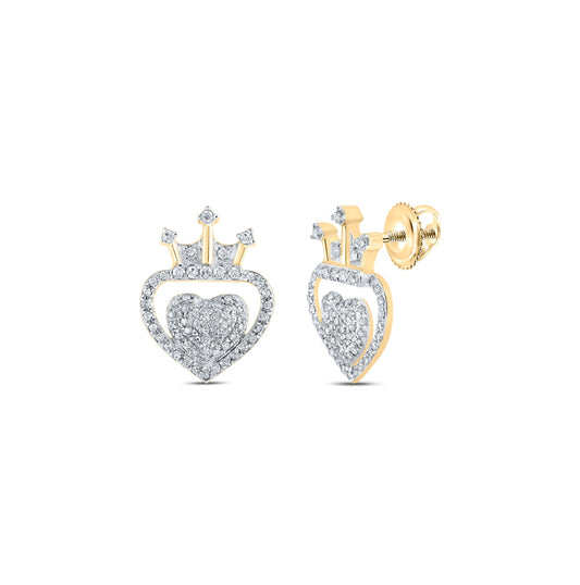 10K Yellow Gold Womens Round Diamond Crown Heart Earrings 1/3 Cttw