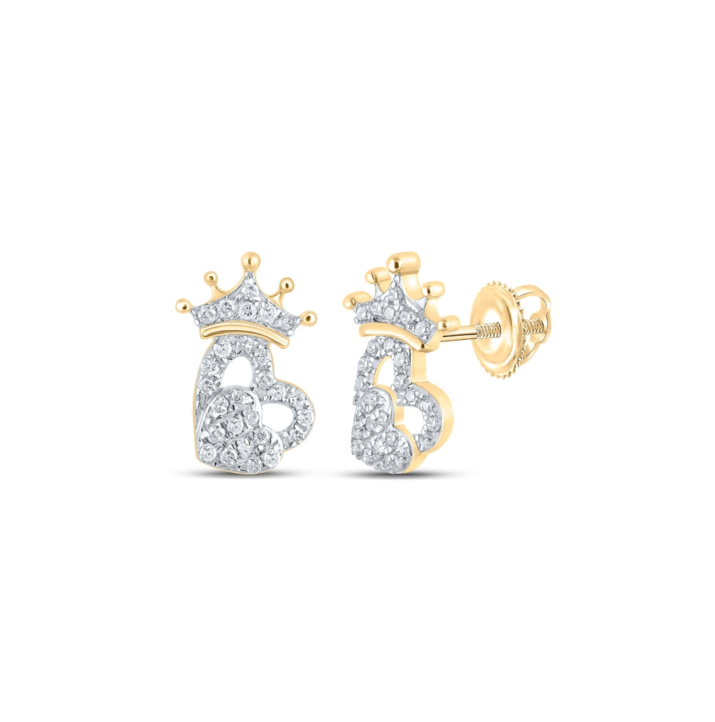 10K Yellow Gold Womens Round Diamond Crown Heart Earrings 1/8 Cttw