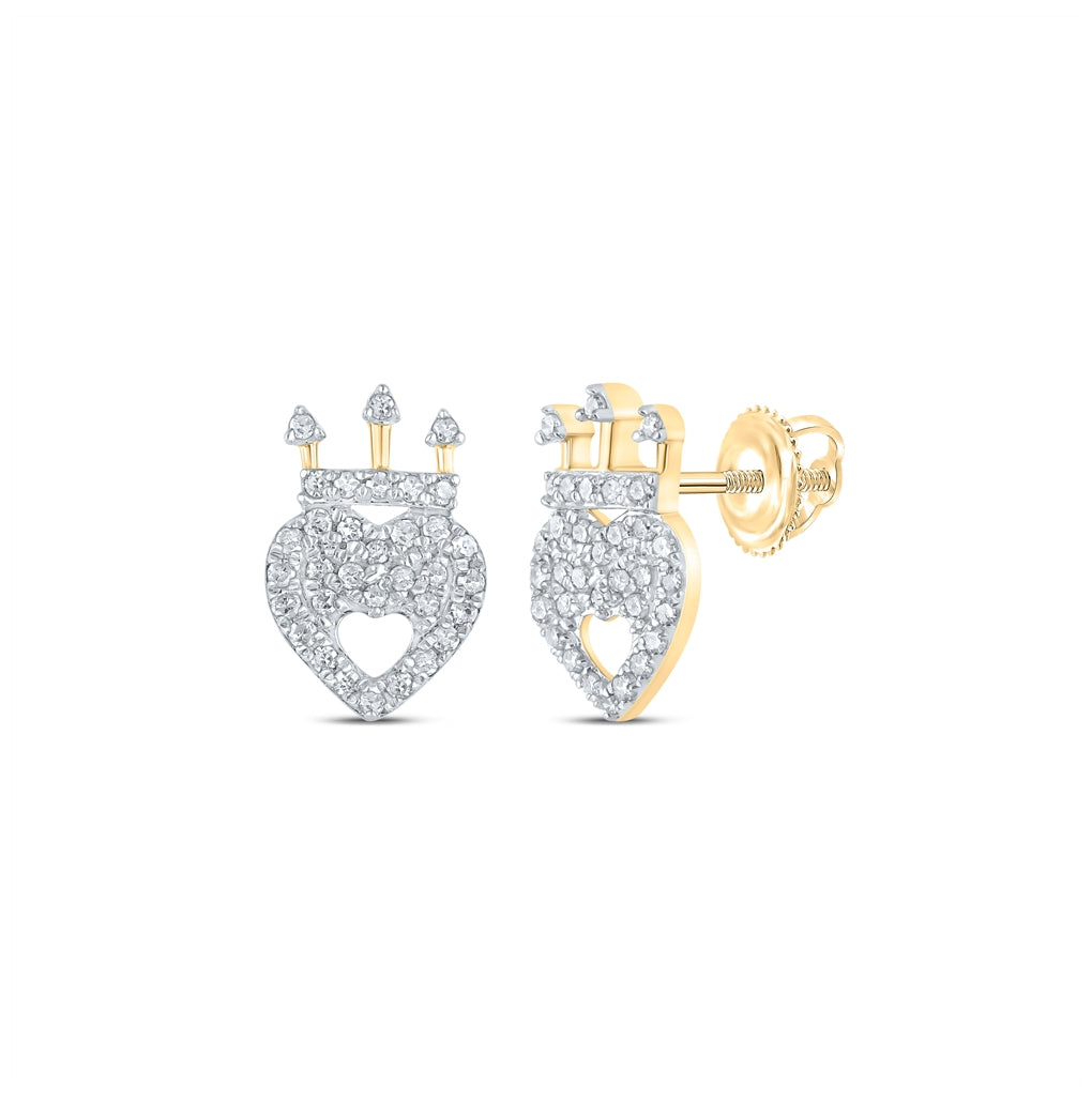 10K Yellow Gold Womens Round Diamond Crown Heart Earrings 1/6 Cttw