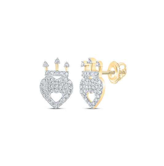 10K Yellow Gold Womens Round Diamond Crown Heart Earrings 1/6 Cttw