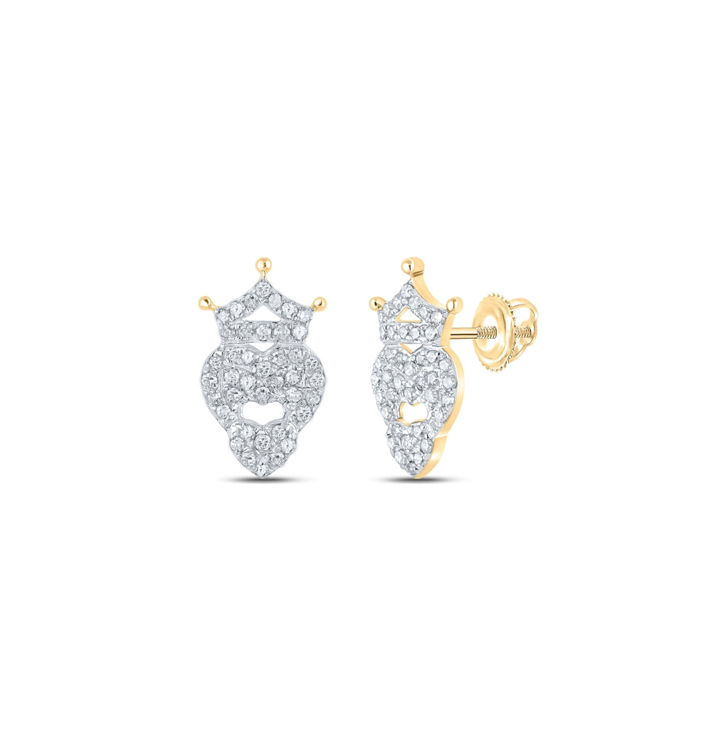 10K Yellow Gold Womens Round Diamond Crown Heart Earrings 1/5 Cttw