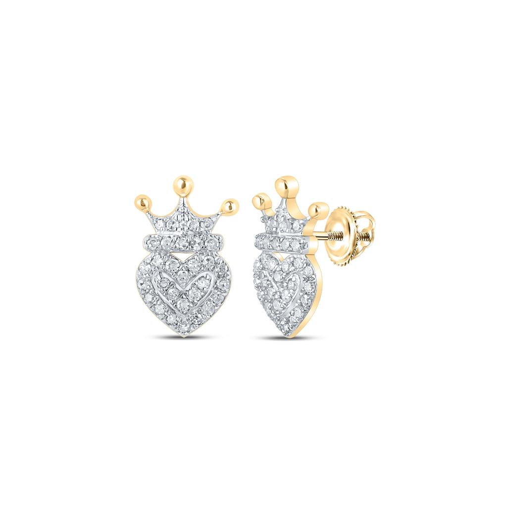 10K Yellow Gold Womens Round Diamond Crown Heart Earrings 1/6ctw