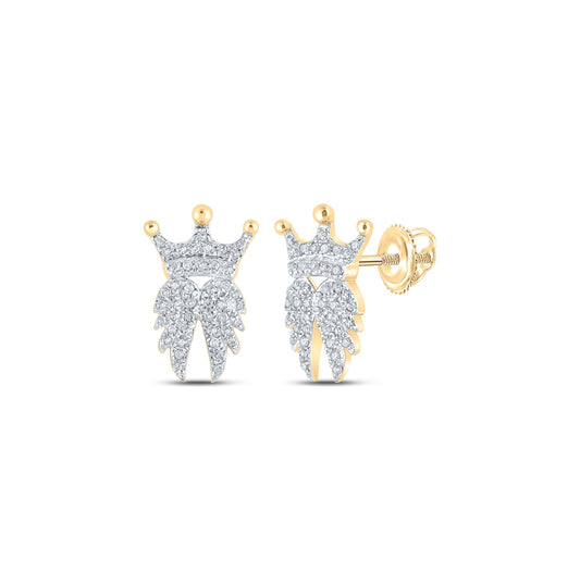 10K Yellow Gold Womens Round Diamond Crown Wings Earrings 1/4 Cttw