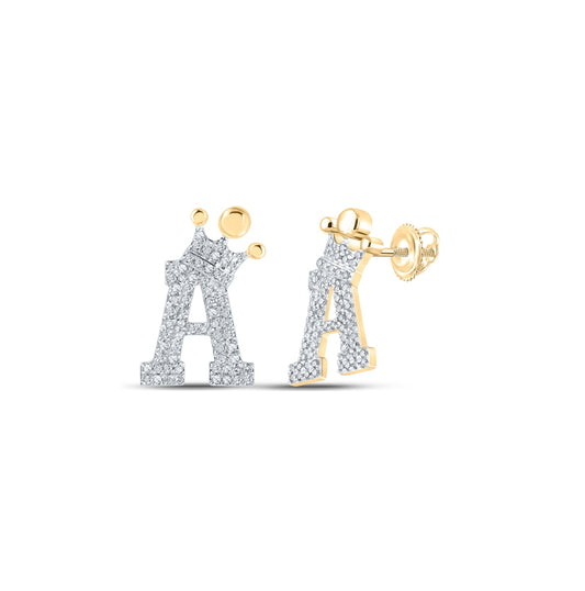 10K Yellow Gold Womens Round Diamond Crown A Letter Earrings 1/3 Cttw