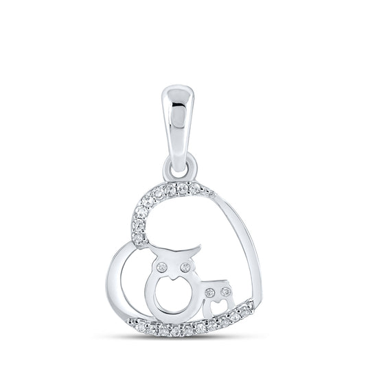 10K White Gold Womens Round Diamond Owl Heart Pendant 1/12 Cttw