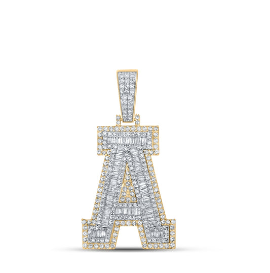 10K Two-tone Gold Mens Baguette Diamond Initial Letter Charm Pendant