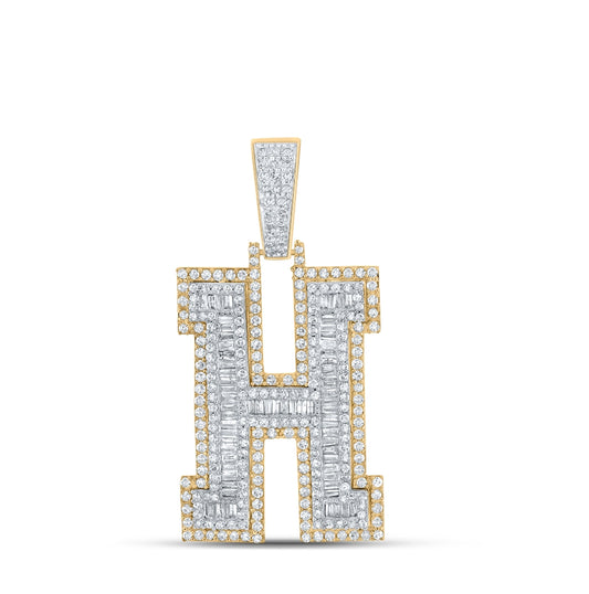 10K Two-tone Gold Mens Baguette Diamond Initial Letter Charm Pendant