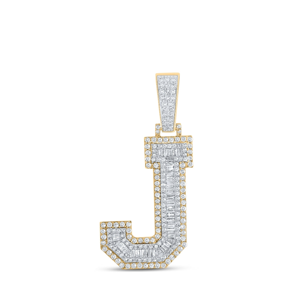 10K Two-tone Gold Mens Baguette Diamond Initial Letter Charm Pendant