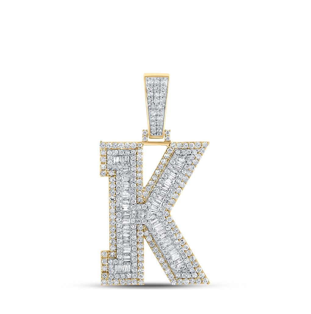10K Two-tone Gold Mens Baguette Diamond Initial Letter Charm Pendant