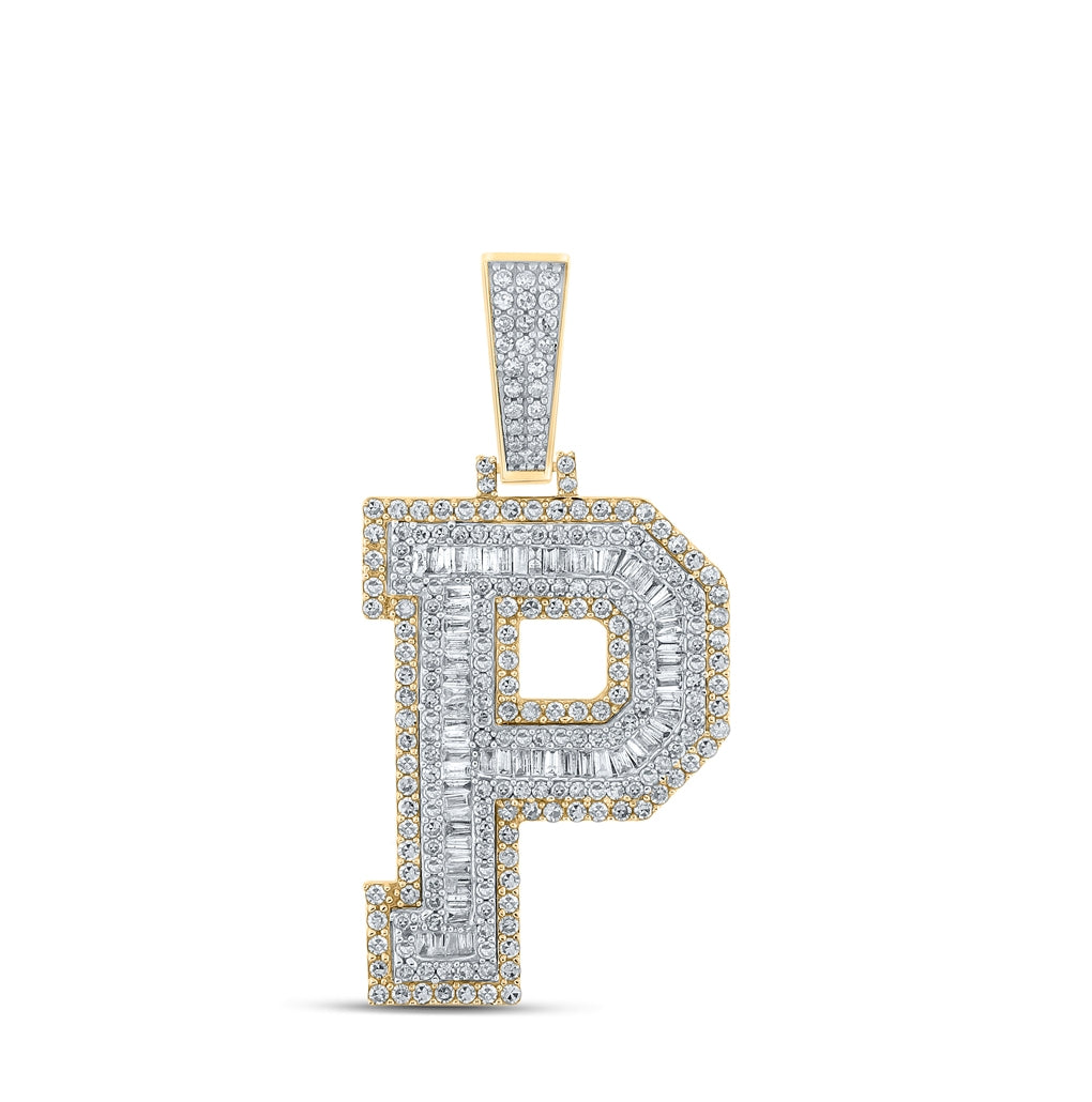 10K Two-tone Gold Mens Baguette Diamond Initial Letter Charm Pendant