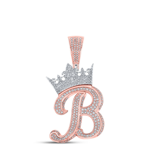 10K Rose Gold Mens Round Diamond Crown Letter Charm Pendant