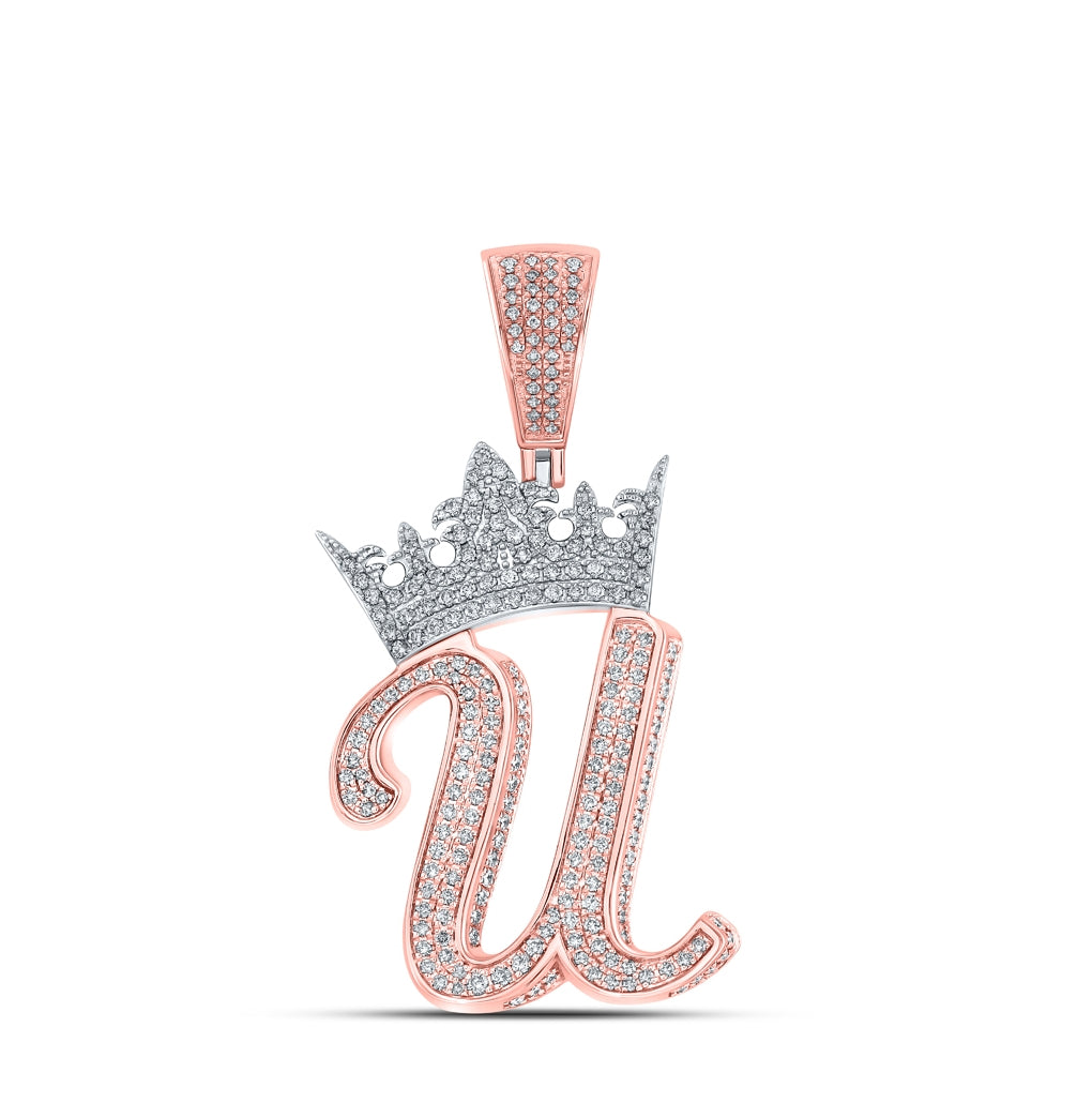 10K Rose Gold Mens Round Diamond Crown Letter Charm Pendant