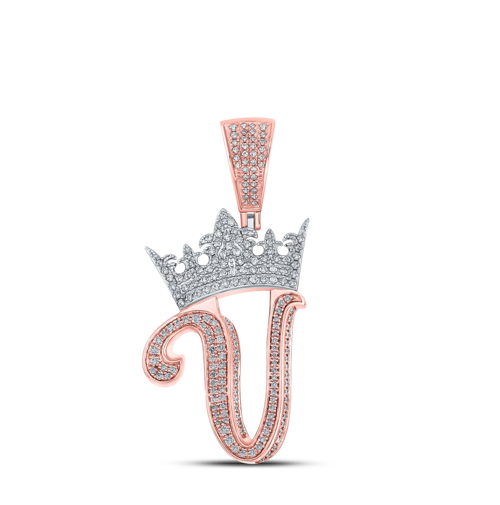 10K Rose Gold Mens Round Diamond Crown Letter Charm Pendant