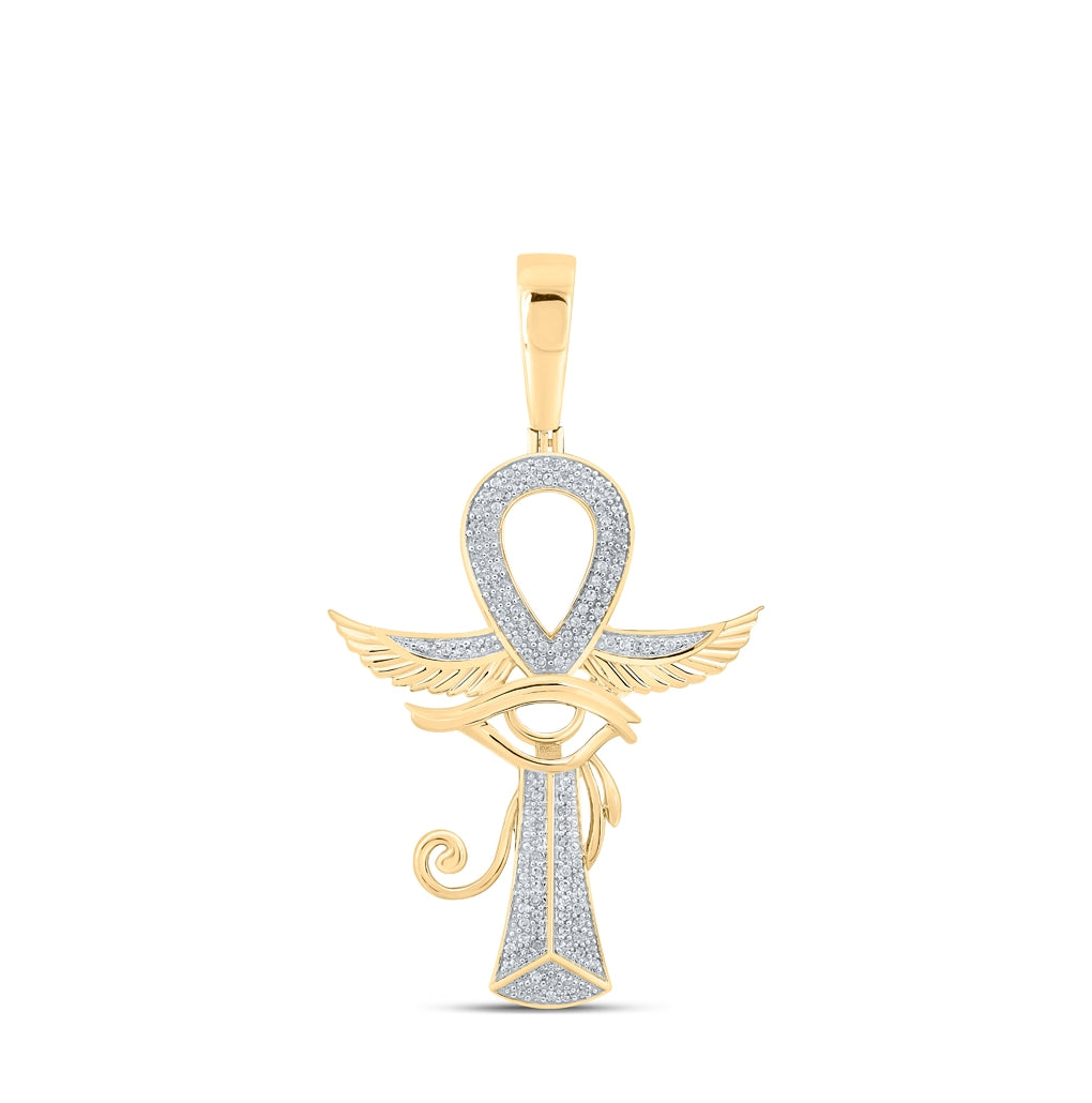 10K Yellow Gold Mens Round Diamond Ankh Eye Cross Charm Pendant 1/3 Cttw, Length: 1.94 In, Width: 1.14 In