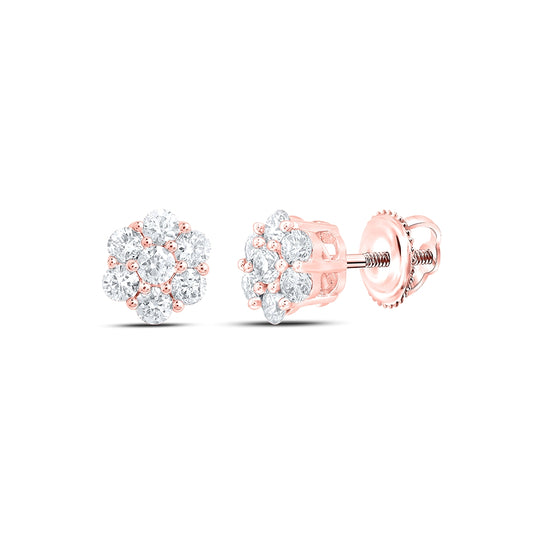 10K Rose Gold Round Diamond Flower Cluster Earrings 1/3 Cttw