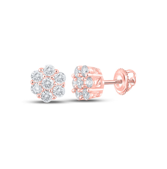 10K Rose Gold Round Diamond Flower Cluster Earrings 1/2 Cttw