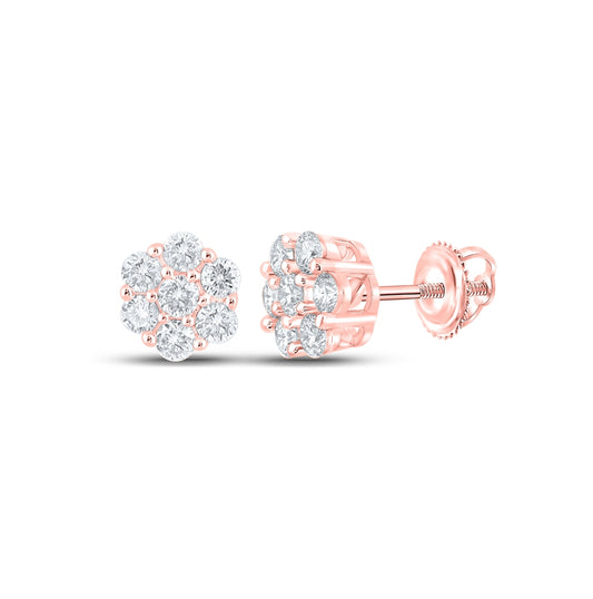 10K Rose Gold Round Diamond Flower Cluster Earrings 3/4 Cttw