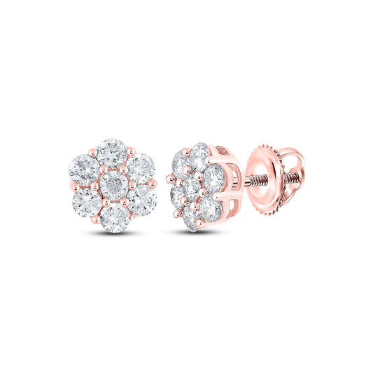10K Rose Gold Round Diamond Flower Cluster Earrings 1 Cttw, Length: 0.29 In, Width: 0.25 In