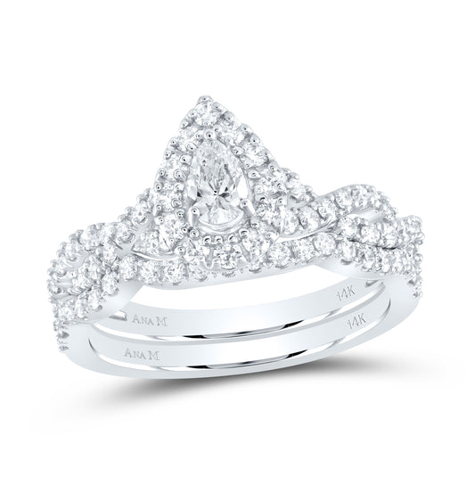 14K White Gold Pear Diamond Solitaire Halo Bridal Wedding Ring Band Set 1 Cttw, Womens Size: 5-10