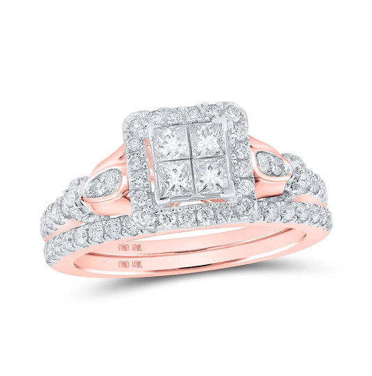 10K Rose Gold Princess Diamond Square Bridal Wedding Ring Band Set 7/8 Cttw, Womens Size: 5-10